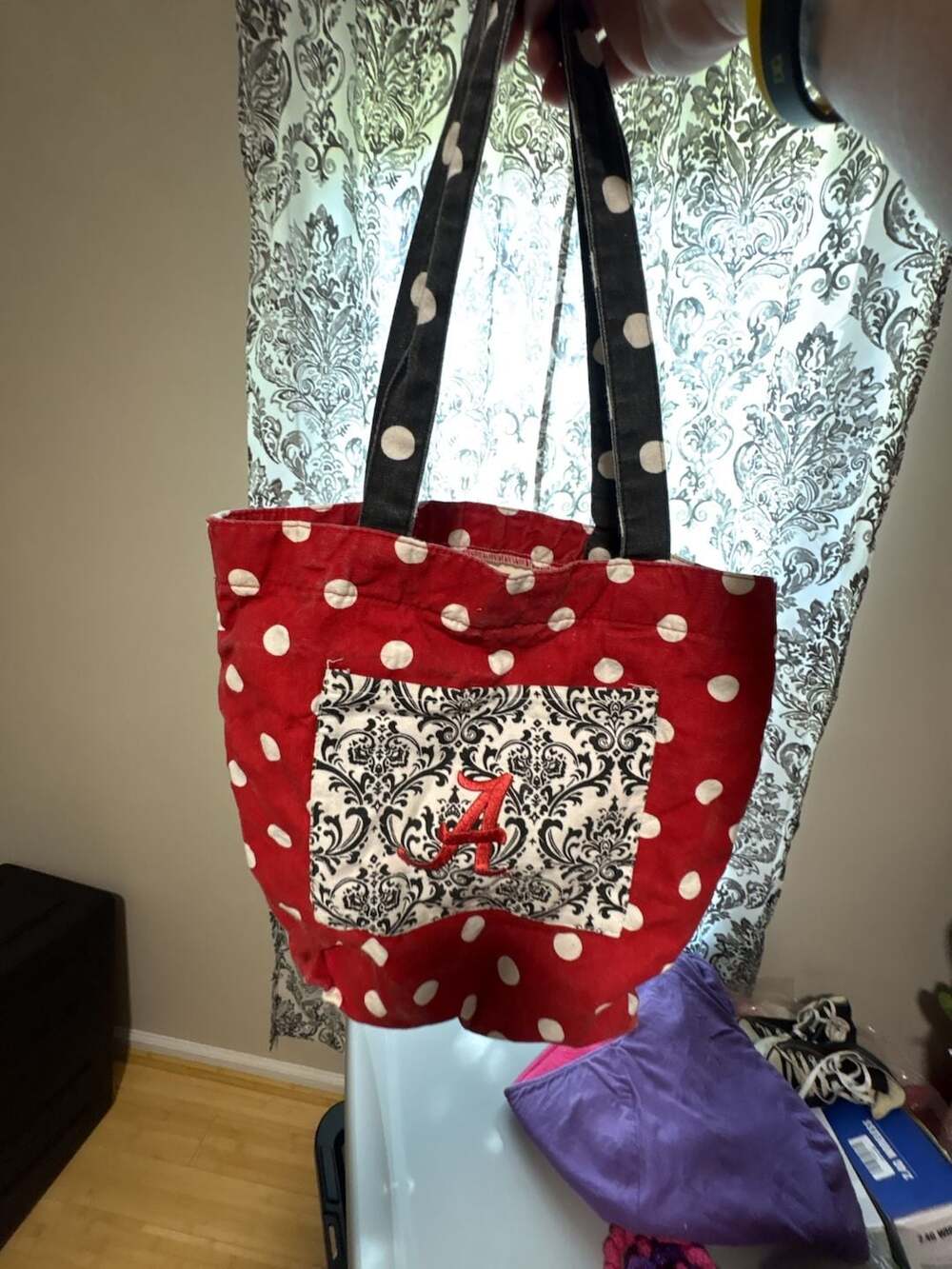Thirty-One Red Polka Dot Tote Bag with Damask Pocket and Monogram 'A'
